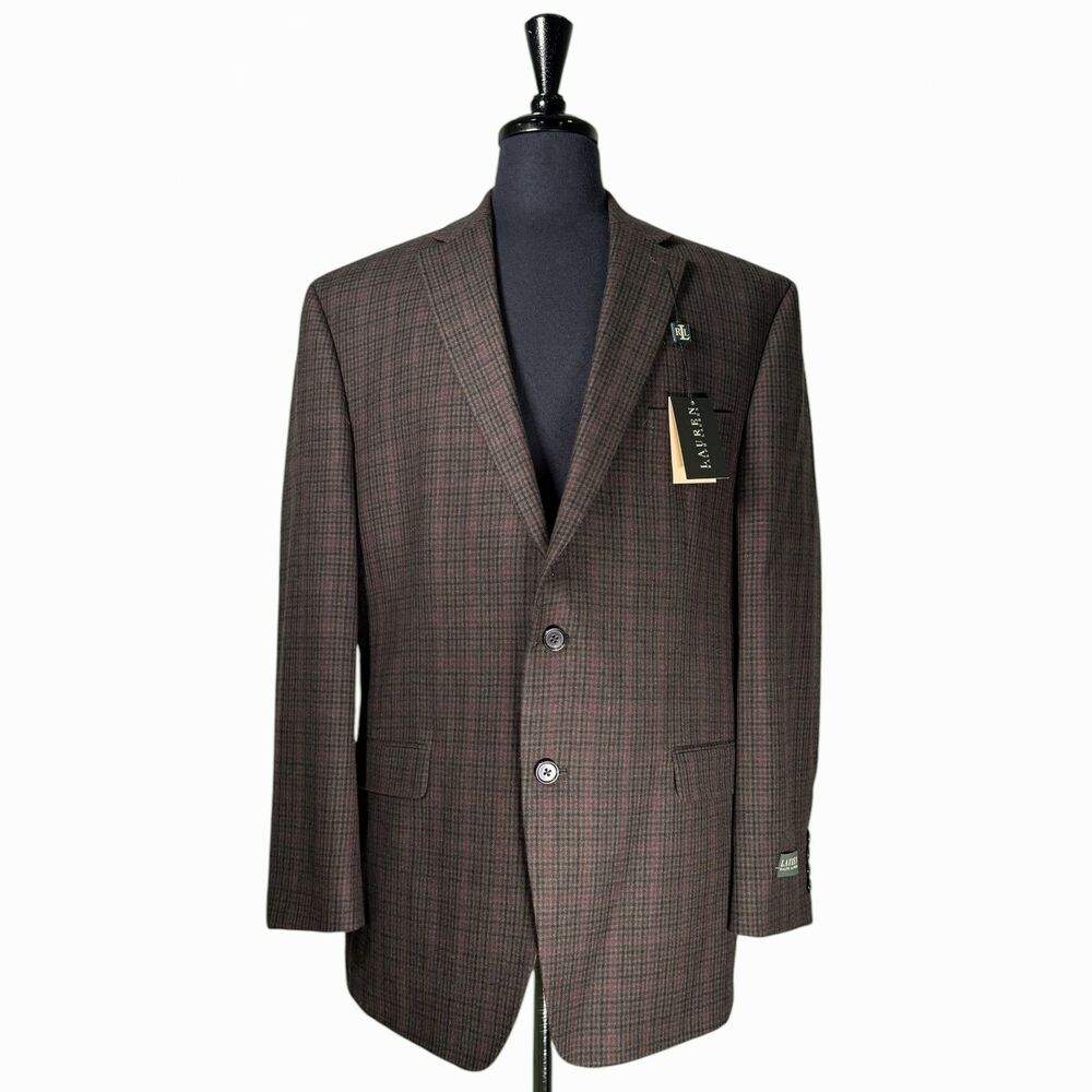 Lauren Ralph Lauren Mens 44R Brown Red Plaid 100% Wool Sport Coat Blazer NWT